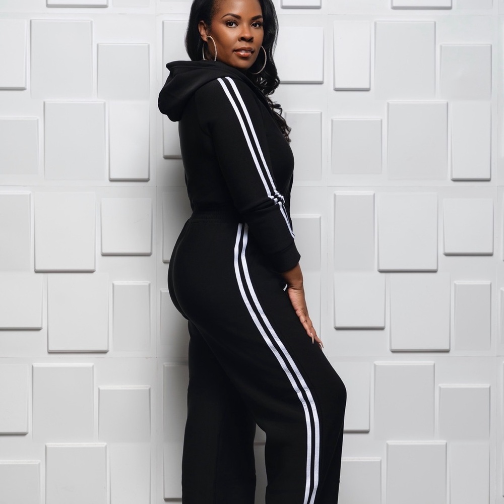Black Two-Stripe Hooded Jumpsuit